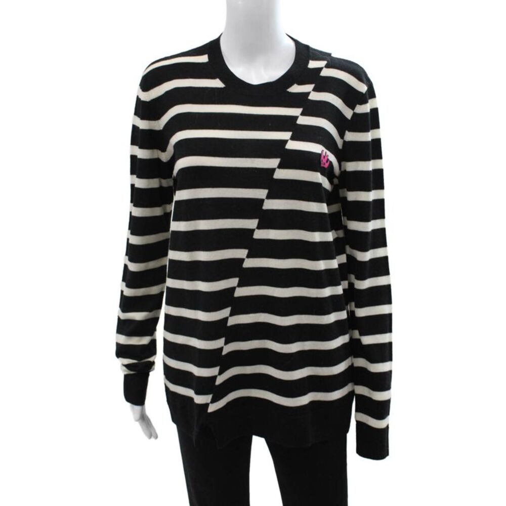 McQ Unisex Black Wool Striped Pullover Sweater Crew Neck Bird Size L